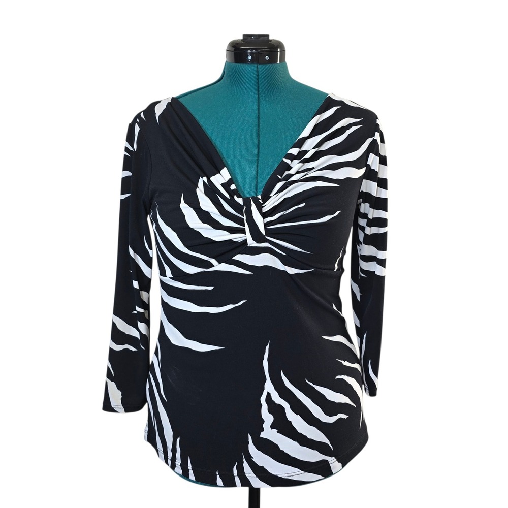 Svetlana Twist Front‎ Top Women's Size 8 Long Sleeve Black White Print